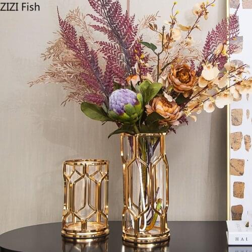 Glass Vase Golden Metal Rack Hollow Out Transparent Glass Hydroponic Flower Arrangement Modern Home Decoration Flower Vase