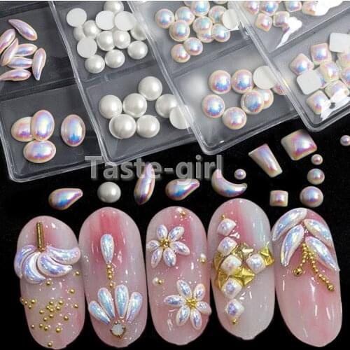 1 Pack Multi-size Nail Rhinestones 3D Flat Back Whtie AB Nail Stones Gems Pearl DIY Nail Art Decorations Rhinestone Pearls