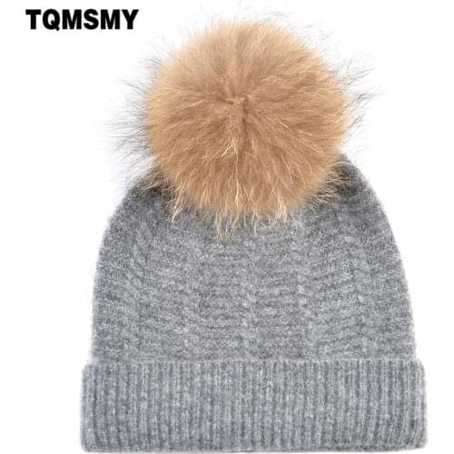 TQMSMY Fur PomPom Beanie Ladies Winter Warm Knitted Solid Color Hats Women Soft Knitting Wool Skullies Gorras Girls Cap TMB22