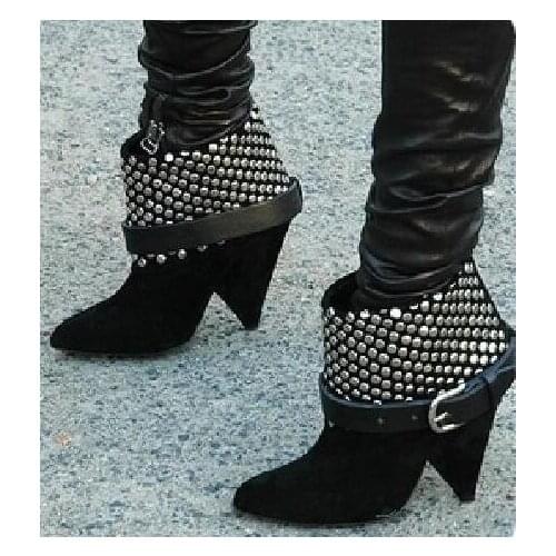 Celebrity Style Otway Leather-Trimmed Studded Suede Ankle Boots Buckle Strap Black Booties Spike Heels Rivet Shoes Woman Botas