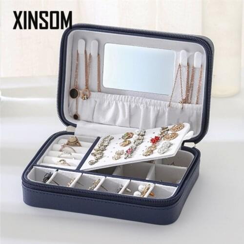 XINSOM PU Leather Jewelry Box With Mirror High Capacity Necklace Earrings Rings Jewelry Storage Box Portable Travel Case Casket