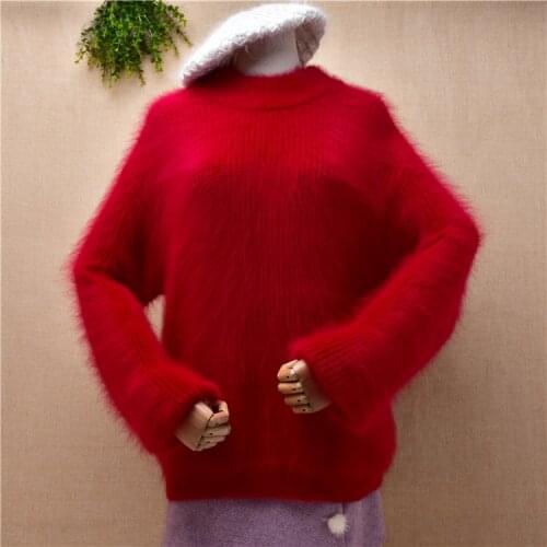 Female women winter clothing christmas red hairy mink cashmere turtleneck loose pullover angora fur winter jumper sweater pull