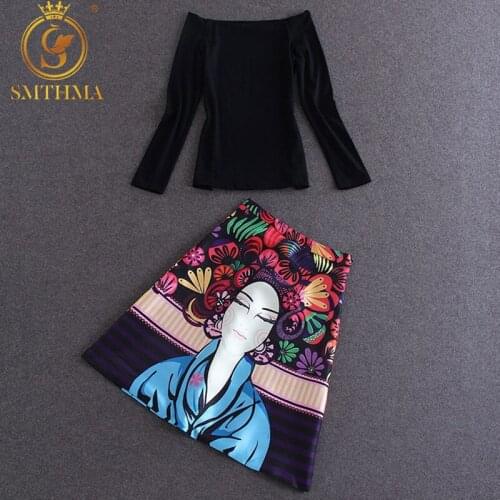 High Street Designer Clothing Set Womens High Quality Black Slash Collar Blouse +2 piece Colorful Cartoon Printed Skirt Set