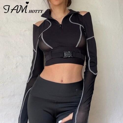 Sashes Patchwork Shoulder Hollow Out Crop Top Women Reverse Thread Black T Shirt Long Sleeve Punk Style Shirt Autumn Iamhotty
