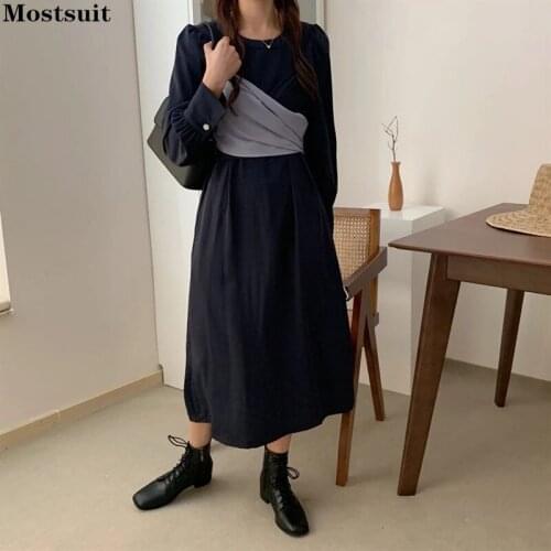 Spring Autumn Vintage Dress Women Long Sleeve Cross Lace Up O-neck Elegant Dresses Korean Party Night 2021 Ropa Mujer