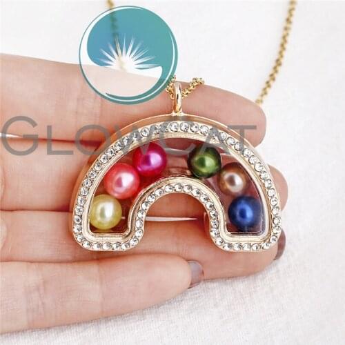 Gold Color Rainbow Glass Locket Pearl Necklace Rhinestone Pendant Beads Pearl Locket Steel Chain Necklace