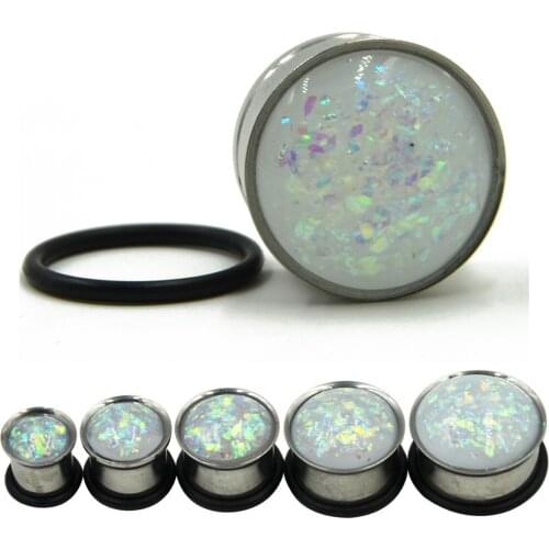 1 Pair Surgical Steel&Synthetic Opal Single Flared Ear Tunnel Piercing Expander Jewelry