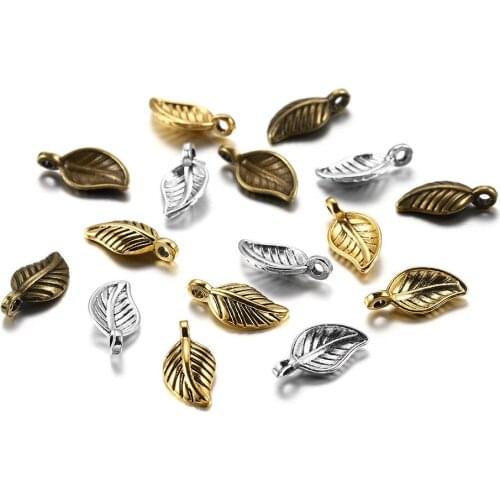 100Pcs/Lot 7*15mm Alloy Tree Leaf Small Pendant 3 Color Metal Leaves Shape Charms For DIY Handmade Jewelry Accessories Making