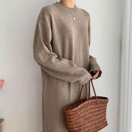 2020 Autumn Korean Long Sleeve Knitted Dresses Oversize One-Piece Woman Pullover Sweater Dress Plus Size Women Knit Midi Dresses