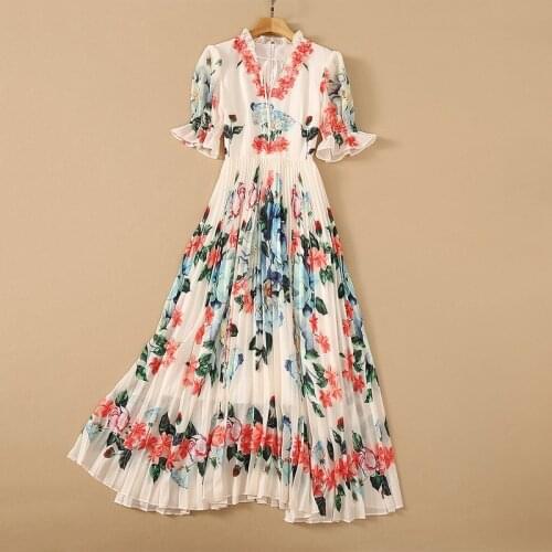 2021 Summer Dress Fashion Design 3D Petal Beading Crystral High Quality Butterfly Sleeve Flowers Printed Long Dresses