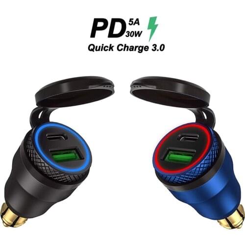 Aileap Aluminum Motorcycle Charger Adapter Hella DIN EU Plug to QC3.0 Quick Charge USB Port and 30W PD Type C Power Socket