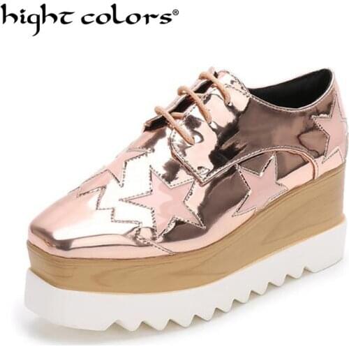 Shiny Five-Pointed Stars Platform Women Wedge Shoes Square Toe Lace Up Patent Leather Thick Bottom Loafer Casual Shoes Woman