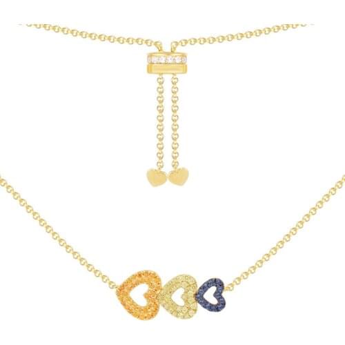 SLJELY Fashion 925 Sterling Silver Yellow Gold Color Multicolor Zircon Triple Love Heart Adjustable Necklace Women Brand Jewelry