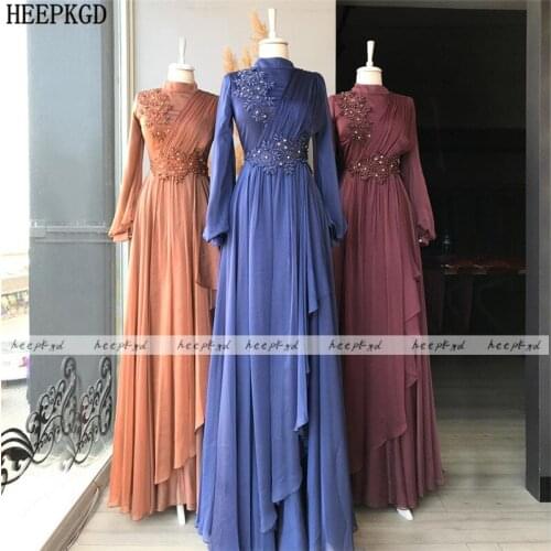 Elegant Muslim Long Sleeves Evening Dress A Line Chic Crystal Long Formal Dresses Plus Size Women Prom Party Gown Robe Soiree