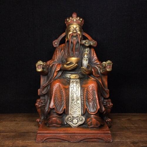 10"Chinese temple collection Old Bronze Gilt Real gold silver Wishful Arts God of Wealth Sitting Buddha Ornaments