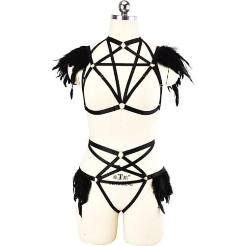 Harajuku Feather Harness Set Sexy Black Pentagram Bra Punk Pentagram Bottom Panties Festival Bondage Harness Lingerie Bodysuit