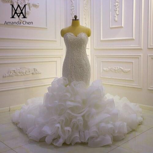 High Quality Lace Appliqued Tiered Mermaid Strapless Wedding Dress