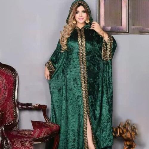 MD 2021 Muslim Fashion Velvet Abayas Women Dubai Hooded Kaftan Dress Outfits African Plus Size Boubou Wedding Party Long Robe