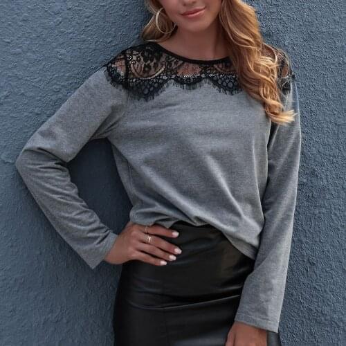 Korean Fashion T Shirt 2021 Women Casual Blouses Lace Neck Long Sleeve Gray Shirts Plus Size Womens Tops Blusas Elegant