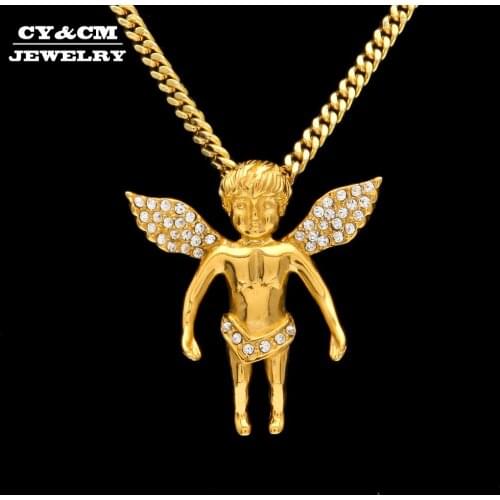 CY&CM Hip Hop Cherub Pendant Necklace Stainless Steel Bling Gold Color Iced Out Rhinestone Angel Wing Men Women Pendant Jewelry
