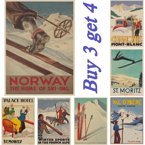 Canada Ski in Alaska Painting Skiing Vintage Norway Ski resorts Travel Kraft Poster Wall Stickers Home Decoration Pictures Gift