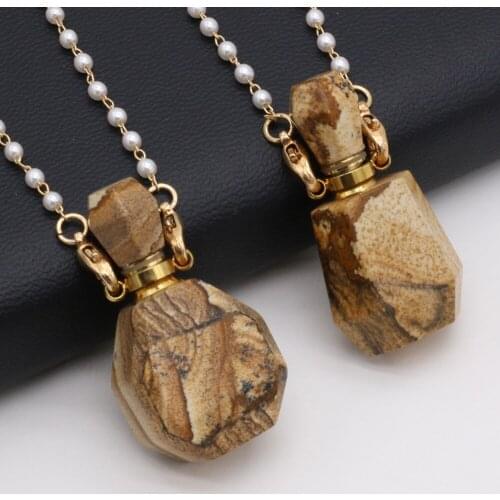 Natural Semi-precious Stones Picture Stone Perfume Bottle Pendant Necklace Pearl Chain DIY Jewelry Decoration Gift