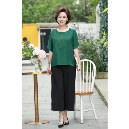 New arrival summer womens linen cotton suit set two pieces casual loose female solid color embroidery suits set with pants