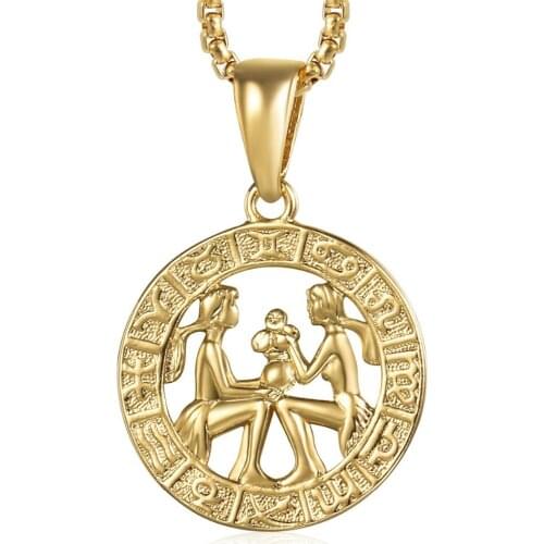 Women Men Gemini Zodiac Sign Necklace Yellow Gold Pendant Necklace Fashion Jewelry Gifts GP359
