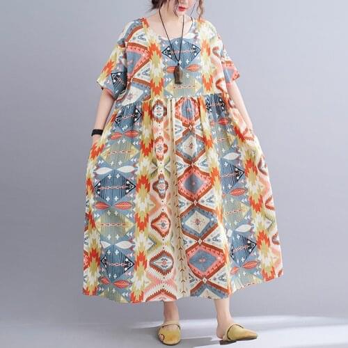 Big Size 5XL 6XL 100kg Women Dress Batwing Sleeve Loose Summer Dress Soft Cotton Print Floral Vintage Woman Travel Casual Dress