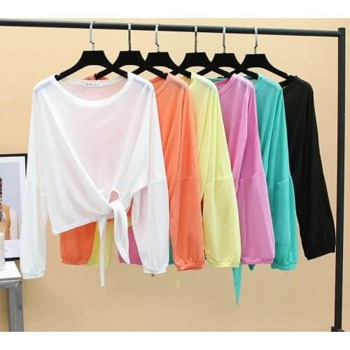 Hem knot long sleeve sunscreen shirt fairy summer 2021 new high waist short coat loose thin breathable top LN210