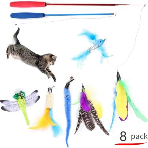 8PCS Set Fishing Rod Teaser Cat Stick Toys Kitten Interactive Feather Bell Cat Toy Pet Telescopic Wand Funny Cats Teasing Toy