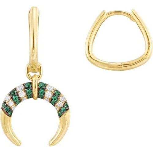 Solid 925 Sterling Silver Yellow Gold Color Asymmetric Green and White Zircon Stripes Tribal Crescent Moon AB Earrings for Women