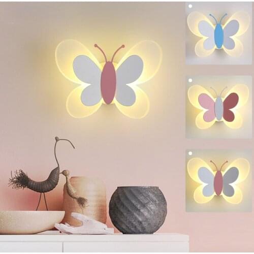 Modern Butterfly Led Wall Lamp for Kids Sconce Girls Room Fairy Deco Lighting Maison Night Bedroom Pink Lights Dekoracje