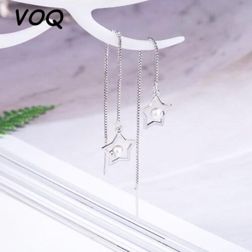 VOQ 925 Sterling Silver Star Hollow Pearl Earrings Long Tassel Earrings Womens Party Jewelry Accessories