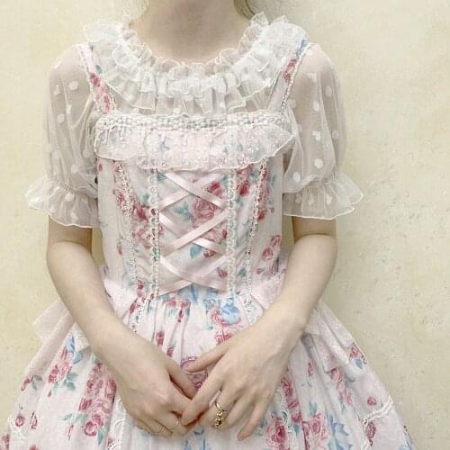 Japanese Lace Kawaii Lolita Lace Shirt Mesh Inner Lolita Blouse Dot Transparent Chiffon Shirt Short-sleeved Aimne Accessories