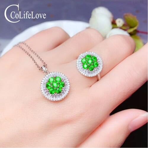 CoLife Jewelry Natural Chrome Diopside Jewelry Set for Daily Wear 14 Pieces Diopside Rings and Pendant Fashion Jewelry