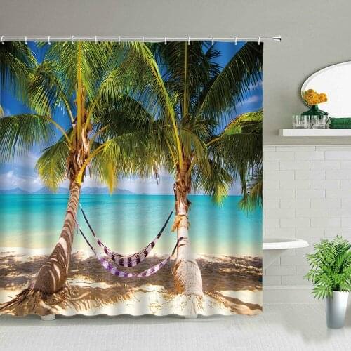 Ocean Animal Beach Rainbow Parrot Dolphin Palm Tree Sea Scenery Shower Curtain Bath Screen Waterproof Fabric Bathroom Curtains