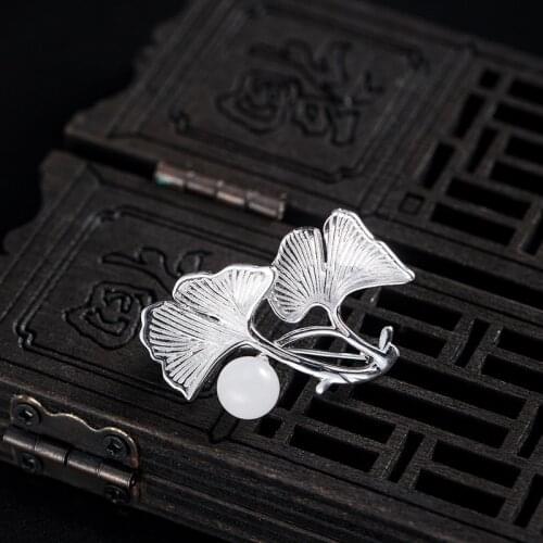 Ginkgo Leaf Jade Brooch 925 Sterling Silver Pins Women Full Dress Office Wear Suit Brooches Cloth Accessories Luxury Jewelry