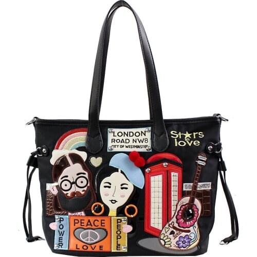 Women Bags Leather Patchwork Embroidery Handbags Shoulder Bags Messenger Bag Female Totes Braccialini Style Cartoon Star Love