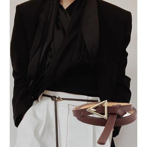 Personality Women Leather Thin Belt Metal Triangle Pin Buckle Waist Belts Brand New Fashion Ladies Dress Jeans Waistband