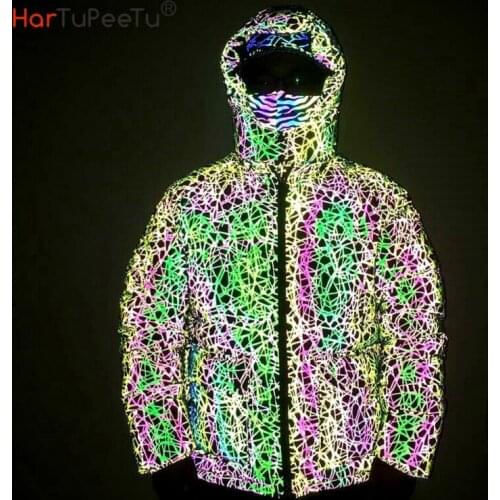 Winter Men Reflective Light Rainbow Jacket Safety Cotton Padded Warm Hooded Coat Nest Lines Print Plus Size Loose with Pockets