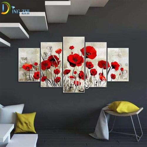 5 Pieces Red Flower Wall Art Diamond Paintings Full Square/Round Cross Stitch Diamond Embroidery Poppy Handicraft