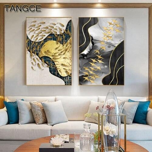 Abstract Gold Fish Arround Marble Moon Canvas Art Modern Poster and Print Big Wall Art Pictures for Living Room Luxury Wall Art