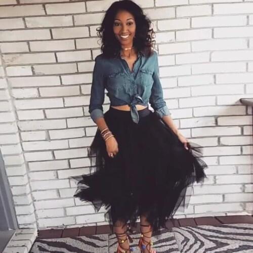 African Black Tea Length Tulle Skirts Casual Tiered Asymmetrical Tulle Skirt Women Elastic Style Custom Made Female Adult Skirt