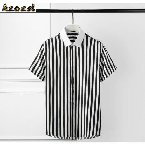Azazel Classic Striped Men Shirt Trend Short Sleeve Mens Dress Shirt Camisa Masculina Mens Shirts Casual Slim Fit Plus Size 4XL