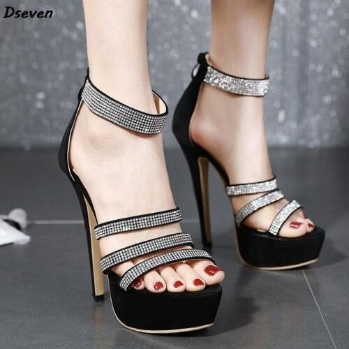 Summer New Waterproof Platform Women Sandals Rhinestone Strap Sandals Wild Fashion Sexy Bling Super High Heels Ladies Shoes Hot