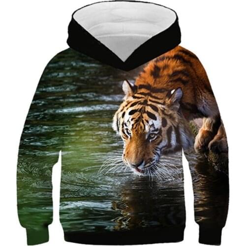 4-13 Years Children 3D Hoodies Animal Tiger Drink Water Wolf Horse Cat Lion Printed Kids Pullovers Boys Girls Hooded Sweatshirts