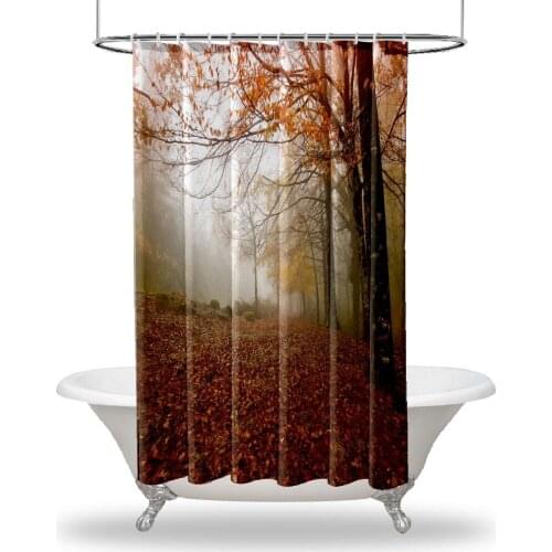 Trees Printed Showers Curtain / Waterproof Button Hole Shower Drapes for Your Bathtub,Bathroom Autumn Forest Leaves Morning Scen