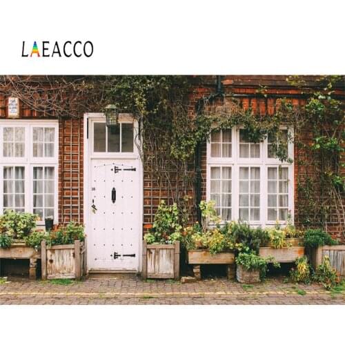 Laeacco Old Brick House Window Door Potted Flowers Porch Scenic Photography Backgrounds Photographic Backdrops For Photo Studio