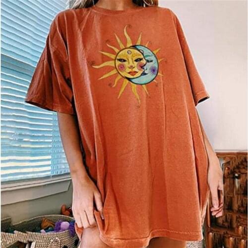 2021 New Women Loose T-shirt Summer Short Sleeve Sun Moon Vintage Print Tee Tops Ladies Casual Baggy Shirts Female Oversized